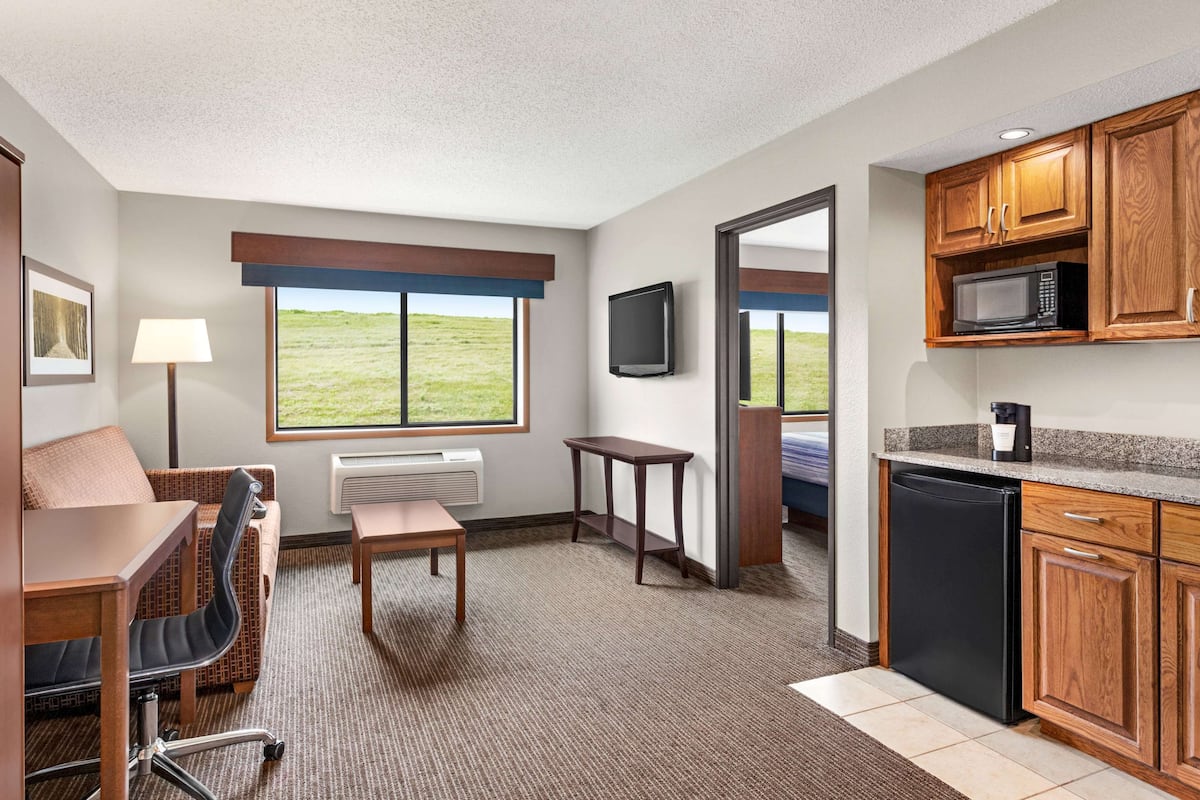 A compact hotel room with a kitchenette, a dining area, a TV, and a window with a view of a grassy field.