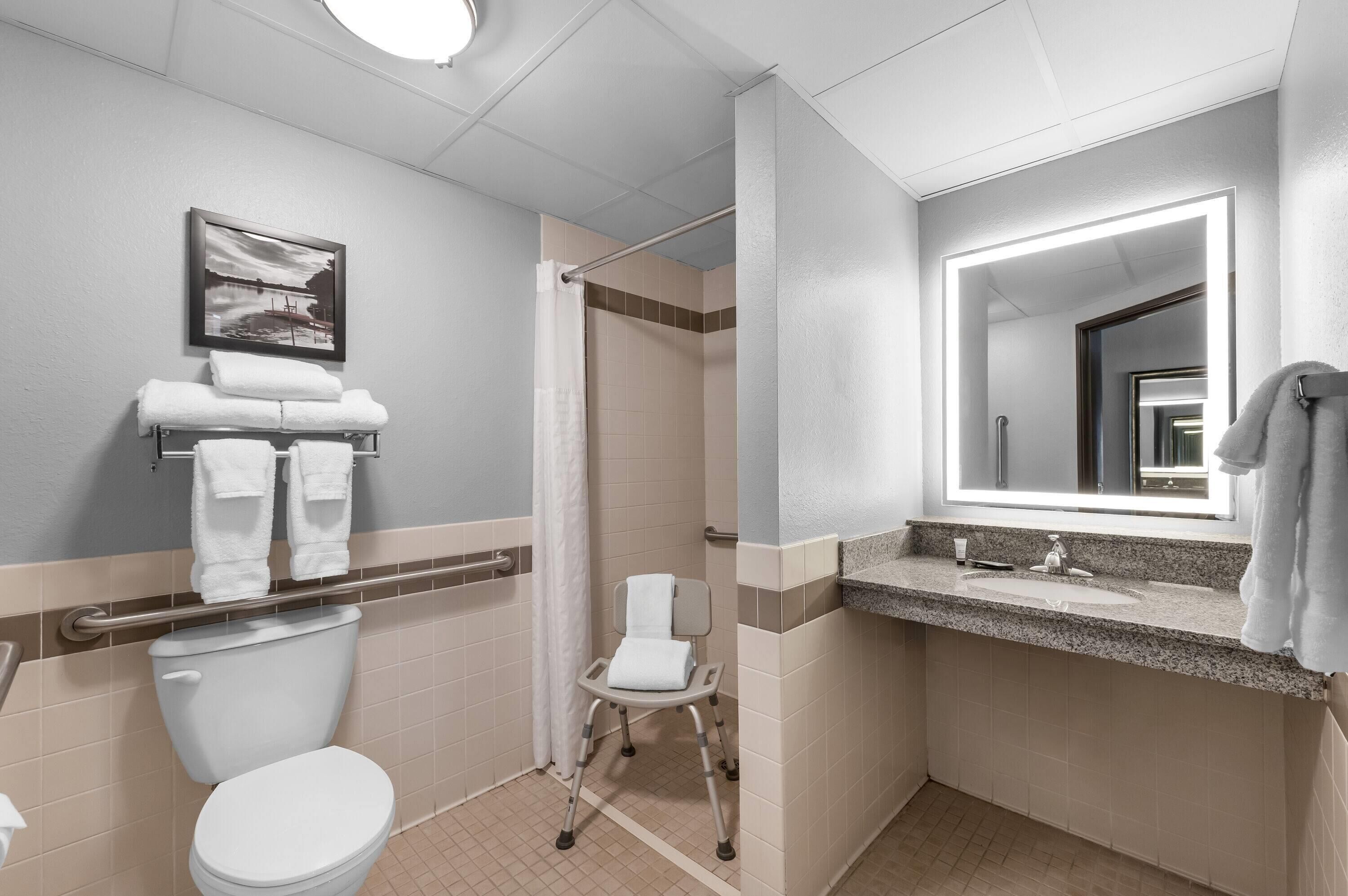 Un baño con inodoro, ducha, lavamanos con espejo y una silla accesible para personas en silla de ruedas.