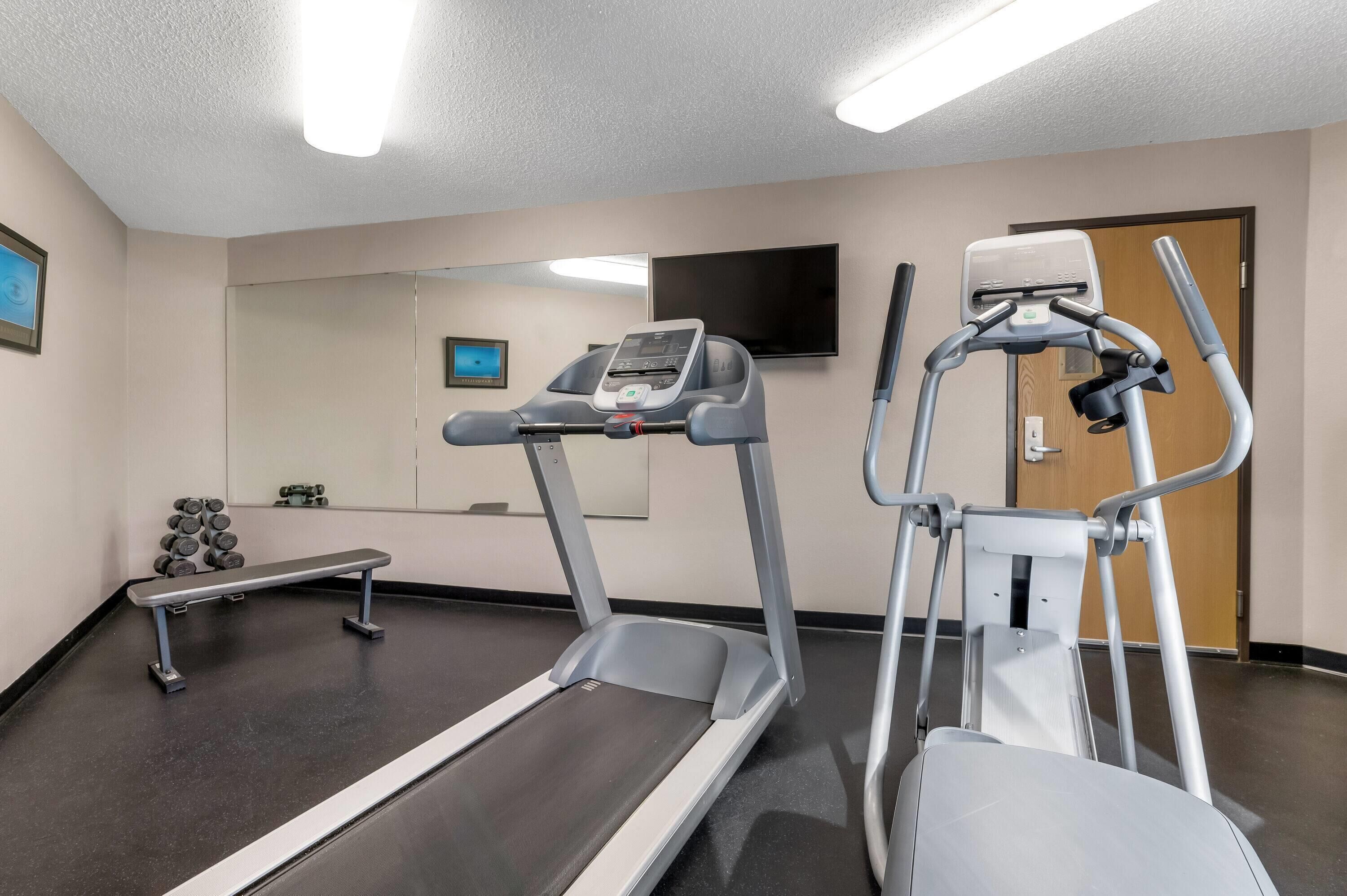 A fitness room with a treadmill, elliptical, and dumbbells.