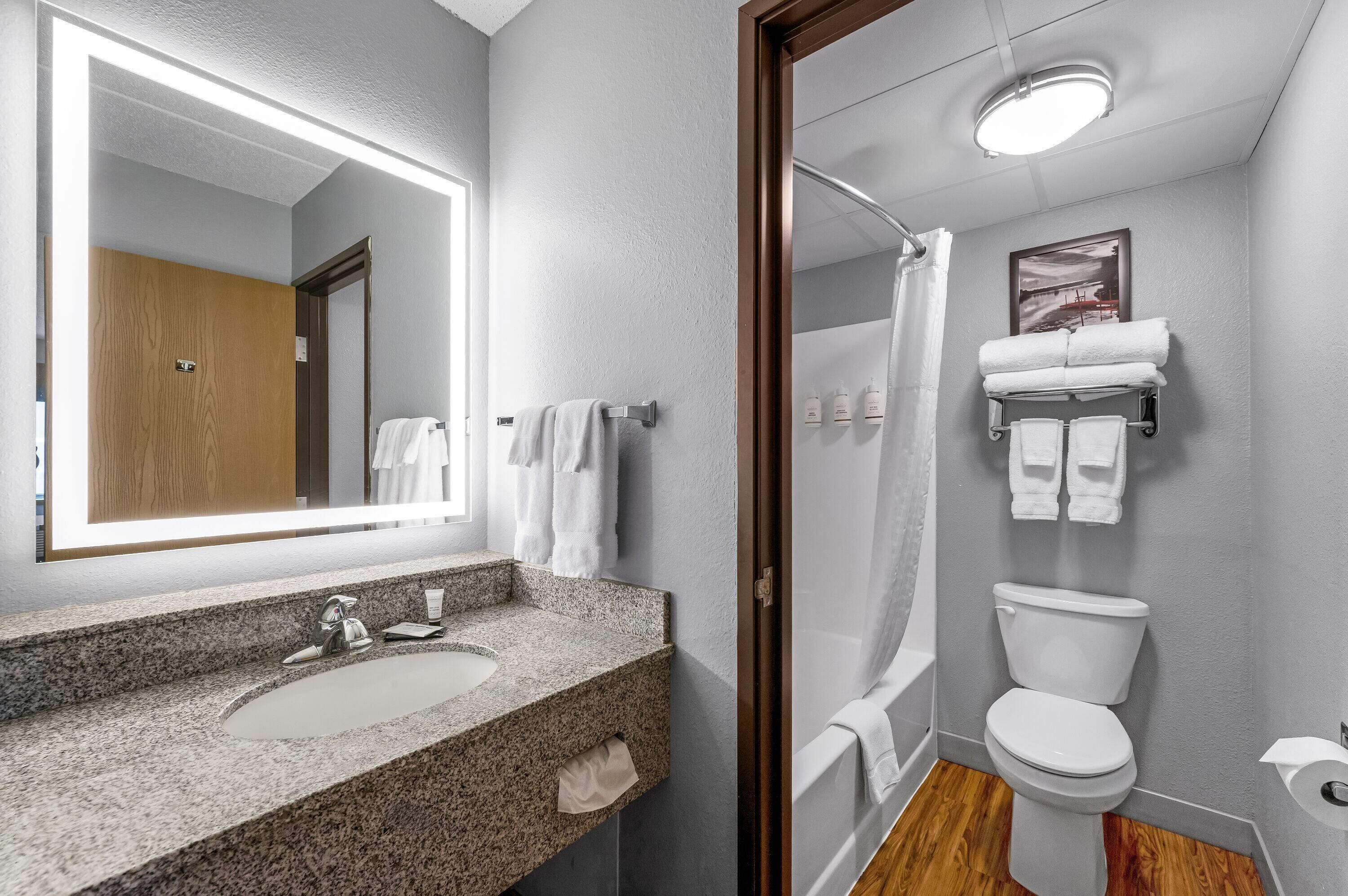 Un baño moderno con lavamanos de granito, inodoro, ducha y un espejo grande.