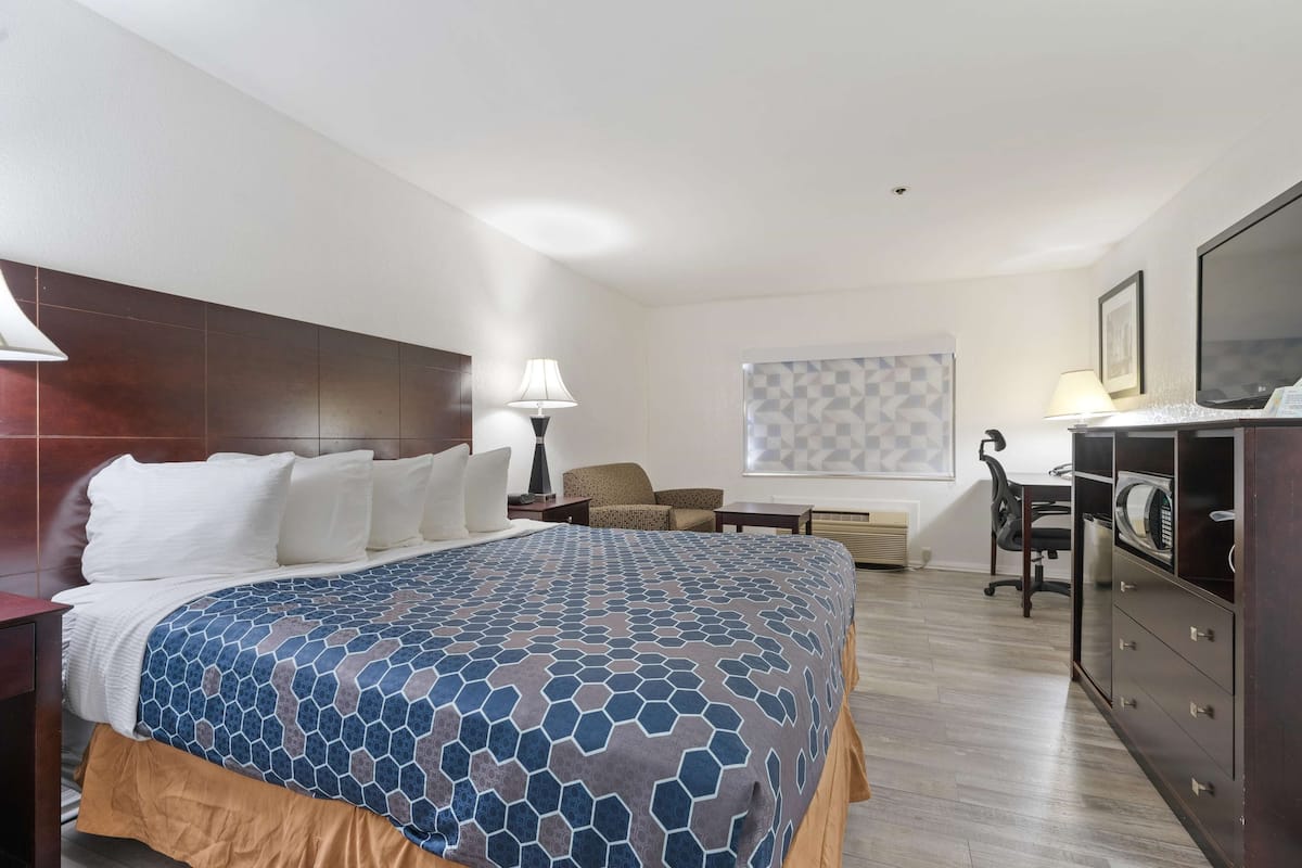 Habitación de hotel con una cama grande, un escritorio, una silla, un televisor y un armario.
