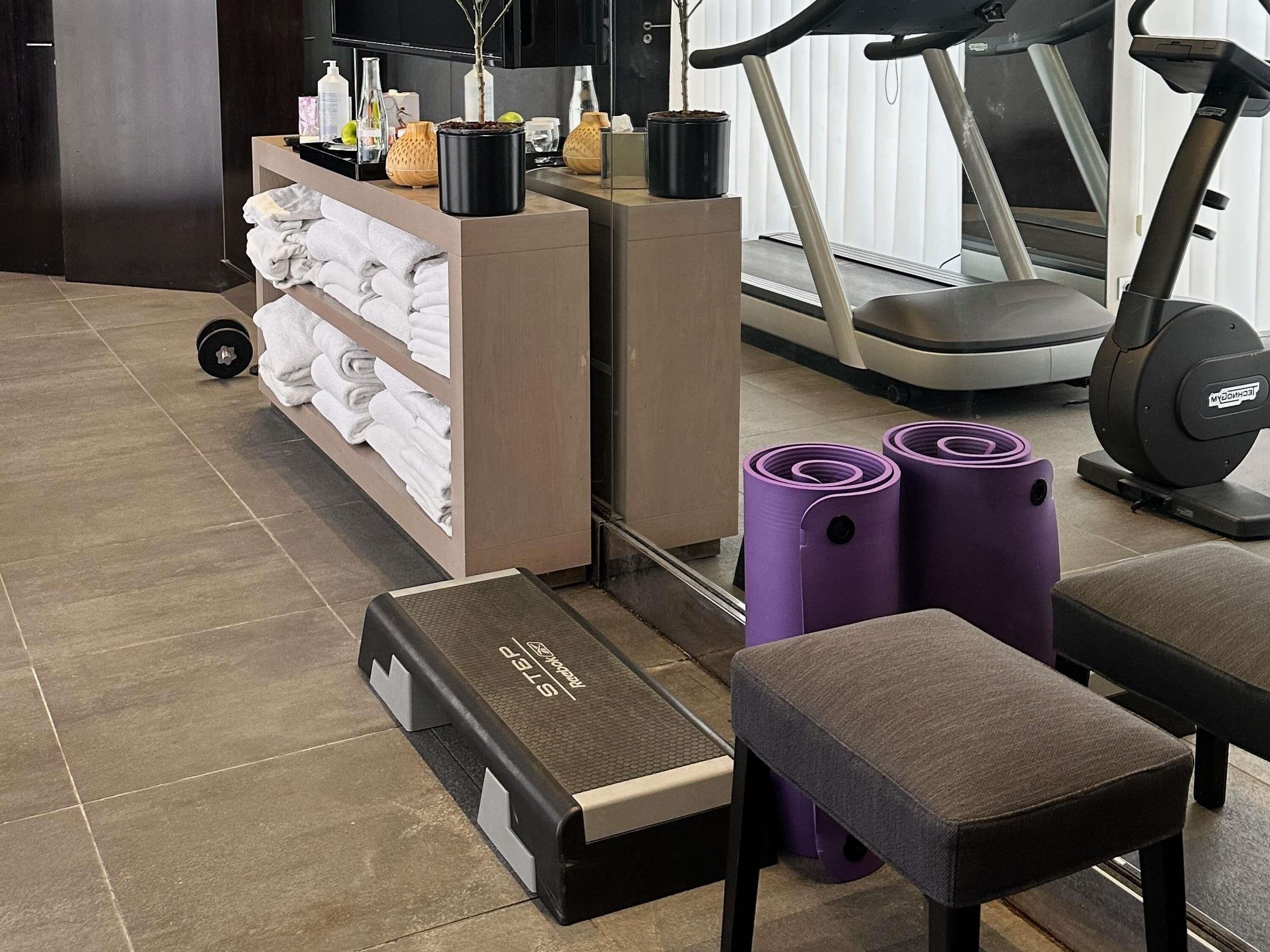 Zona de gimnasio con equipo de ejercicio, un perchero y una plataforma elevada.