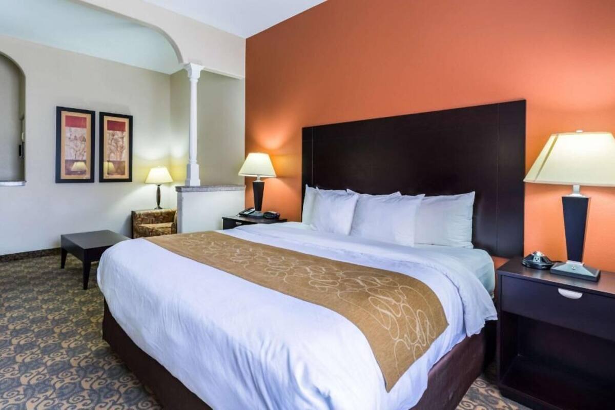 A hotel room with a large bed, two bedside tables with lamps, a patterned carpet, and framed artwork on the wall.