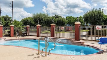 Seasonal outdoor pool, open 10:00 AM to 8:00 PM, pool umbrellas