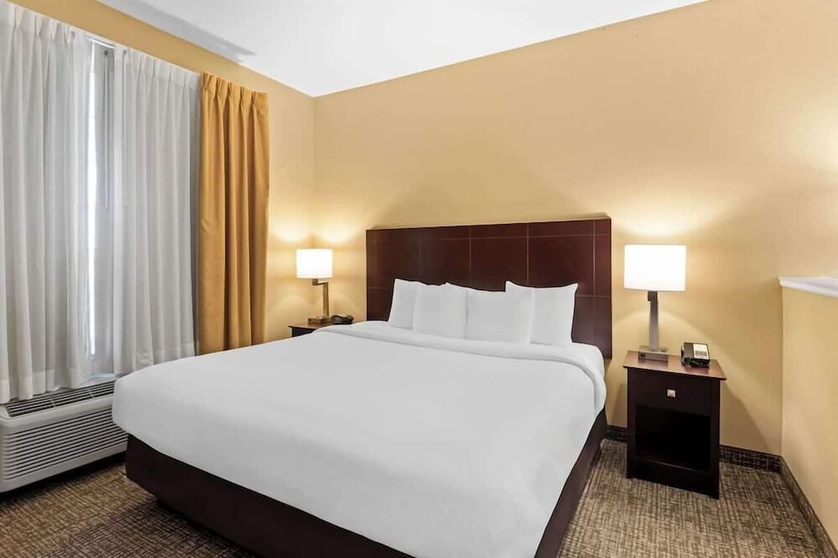 Una habitación de hotel con una cama grande, dos mesitas de noche con lámparas, una ventana con cortinas y un calentador de pared.