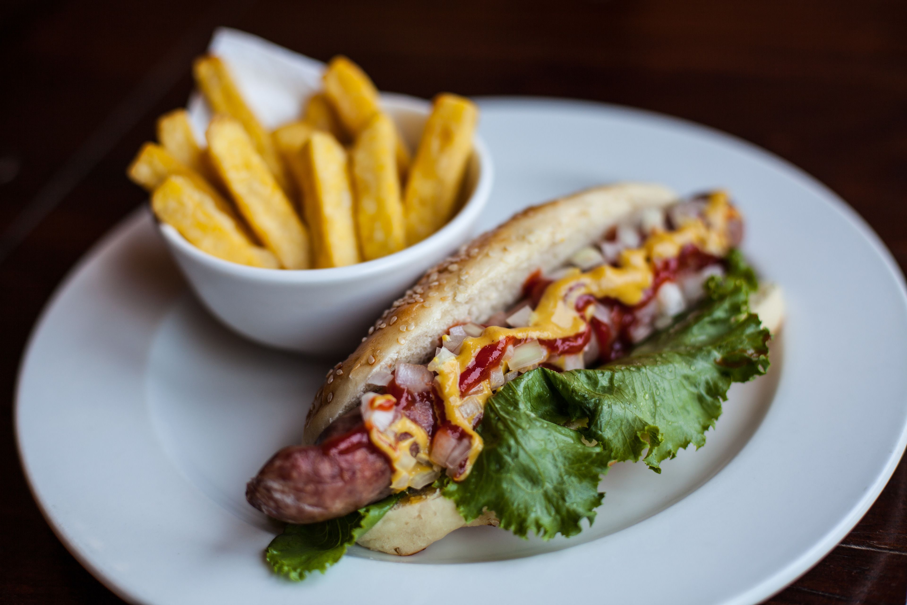 Een hotdog met sla en saus in een broodje, samen met een klein schaaltje friet op een wit bord.