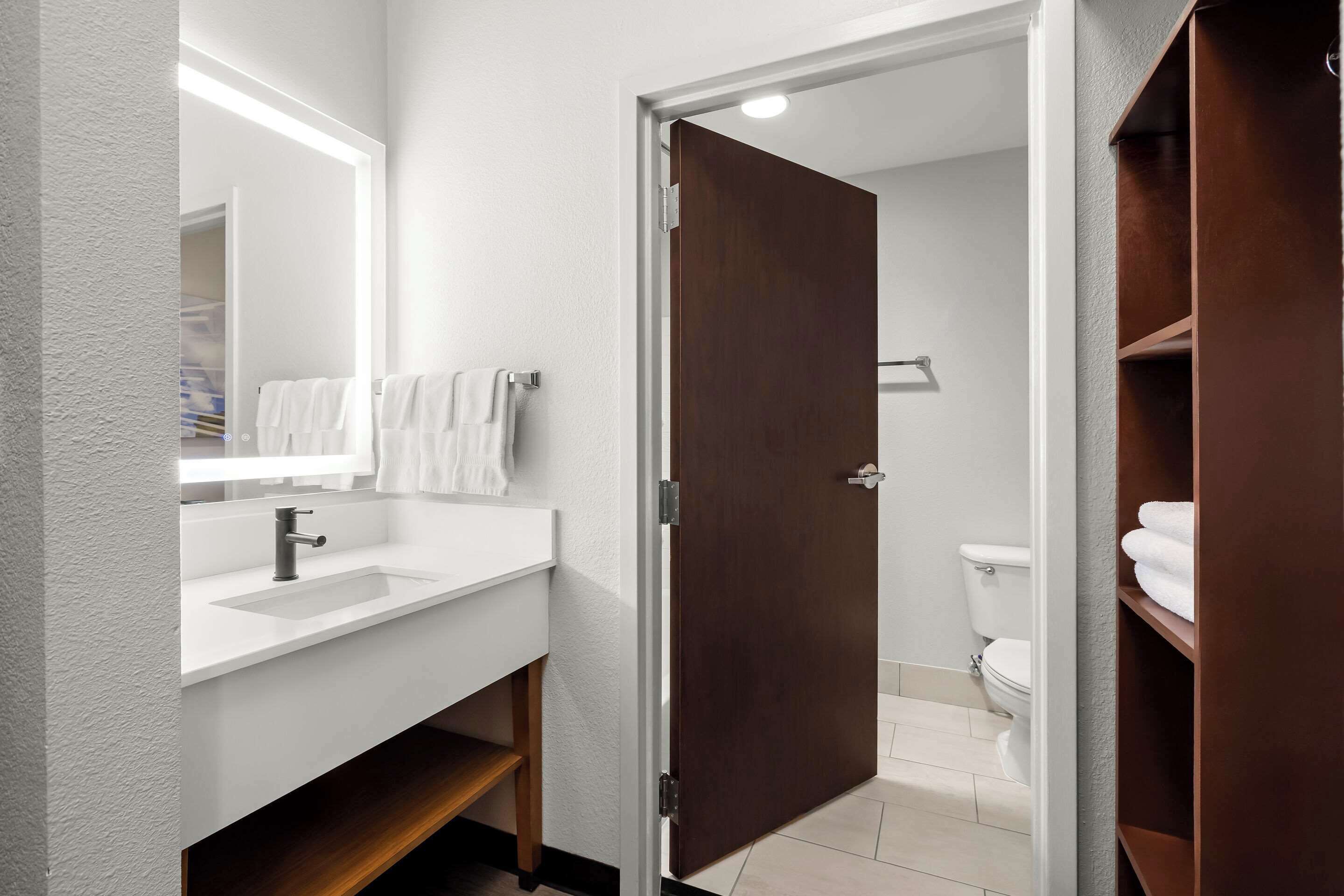 A modern bathroom with a white sink, a mirror, and a wooden door leading to a shower area.