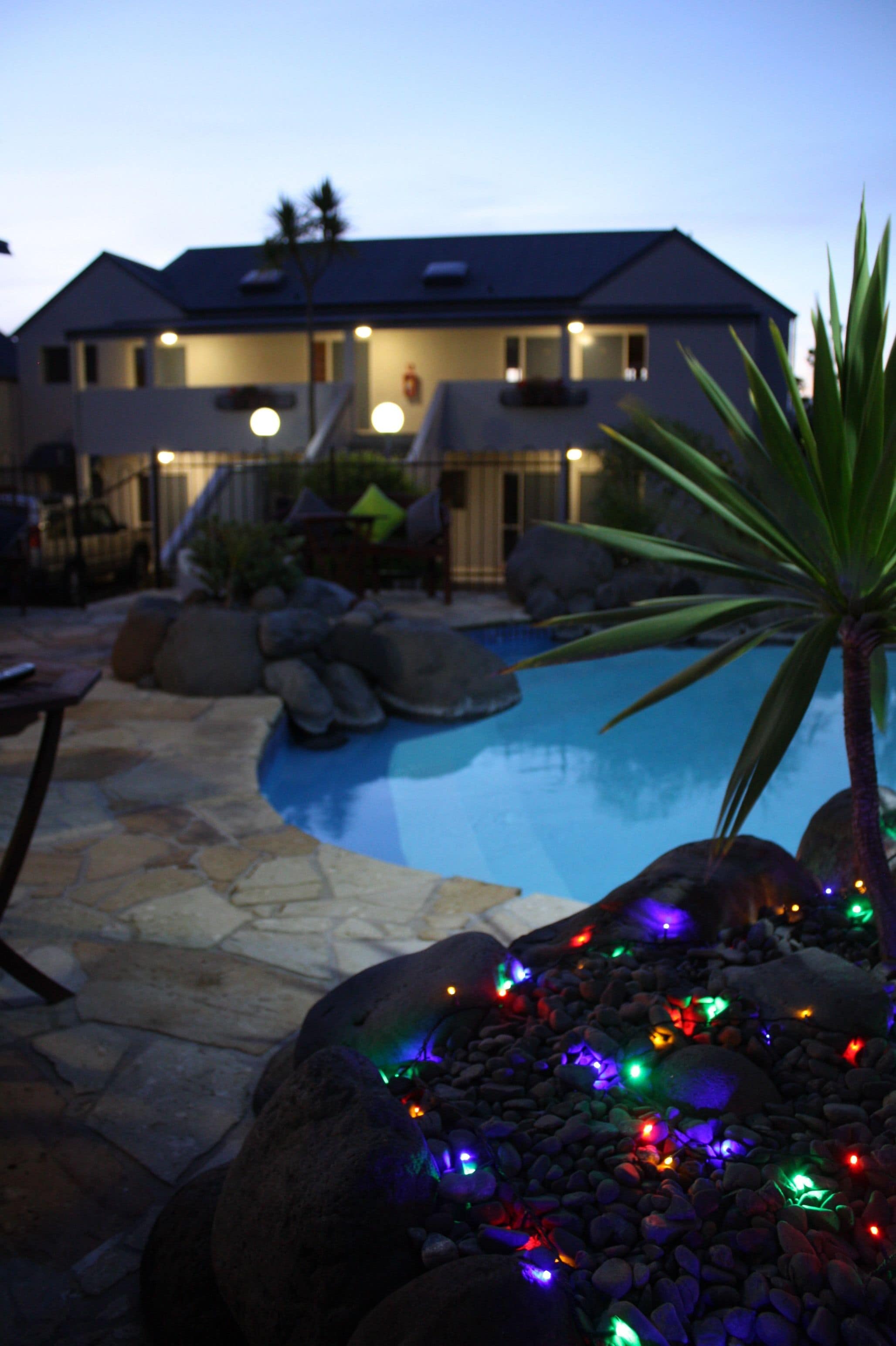 A pool area with a stone patio, a palm tree, and colorful lights.