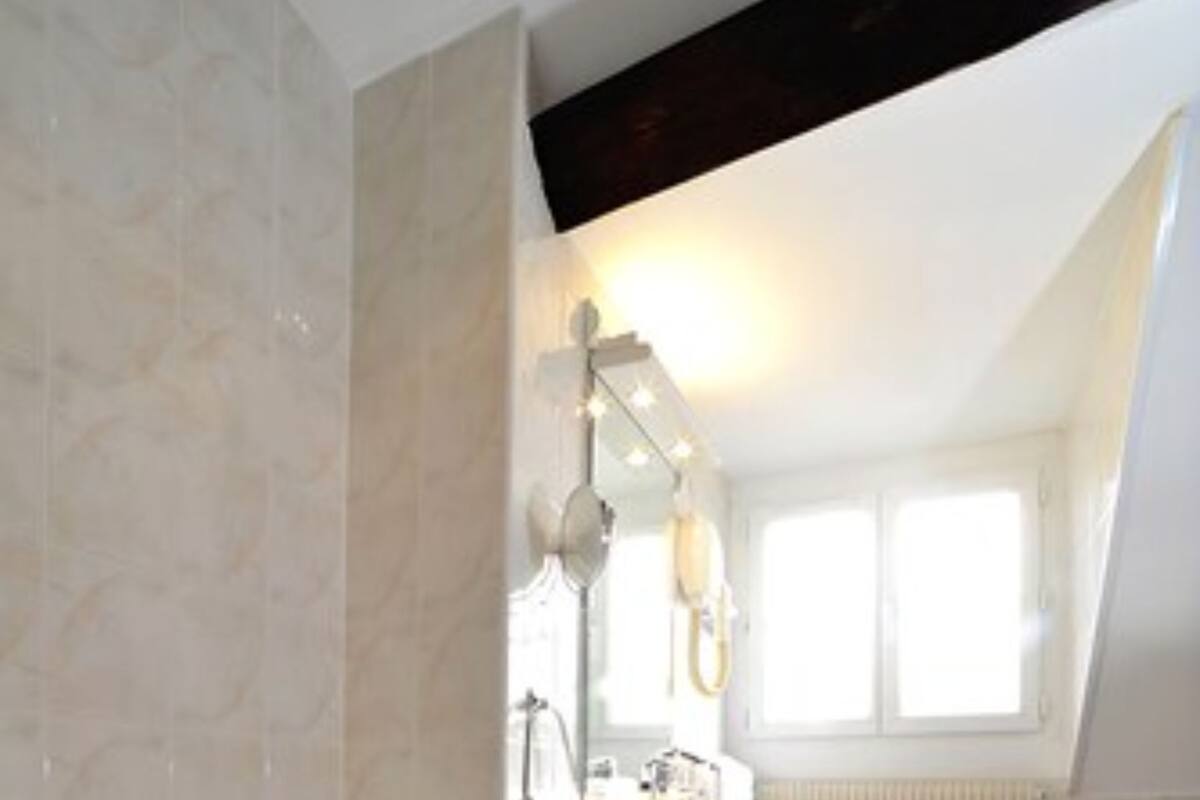 Combined shower/tub, free toiletries, hair dryer, towels