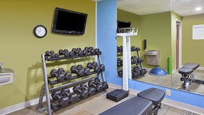 A gym with a bench, dumbbells, a treadmill, and a mirror.
