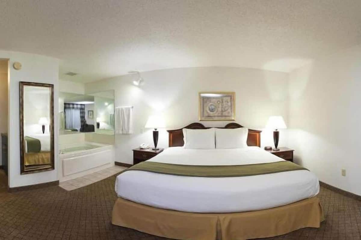 A hotel room with a large bed, a mirror, a bedside table with a lamp, a painting on the wall, and a view of the hallway.
