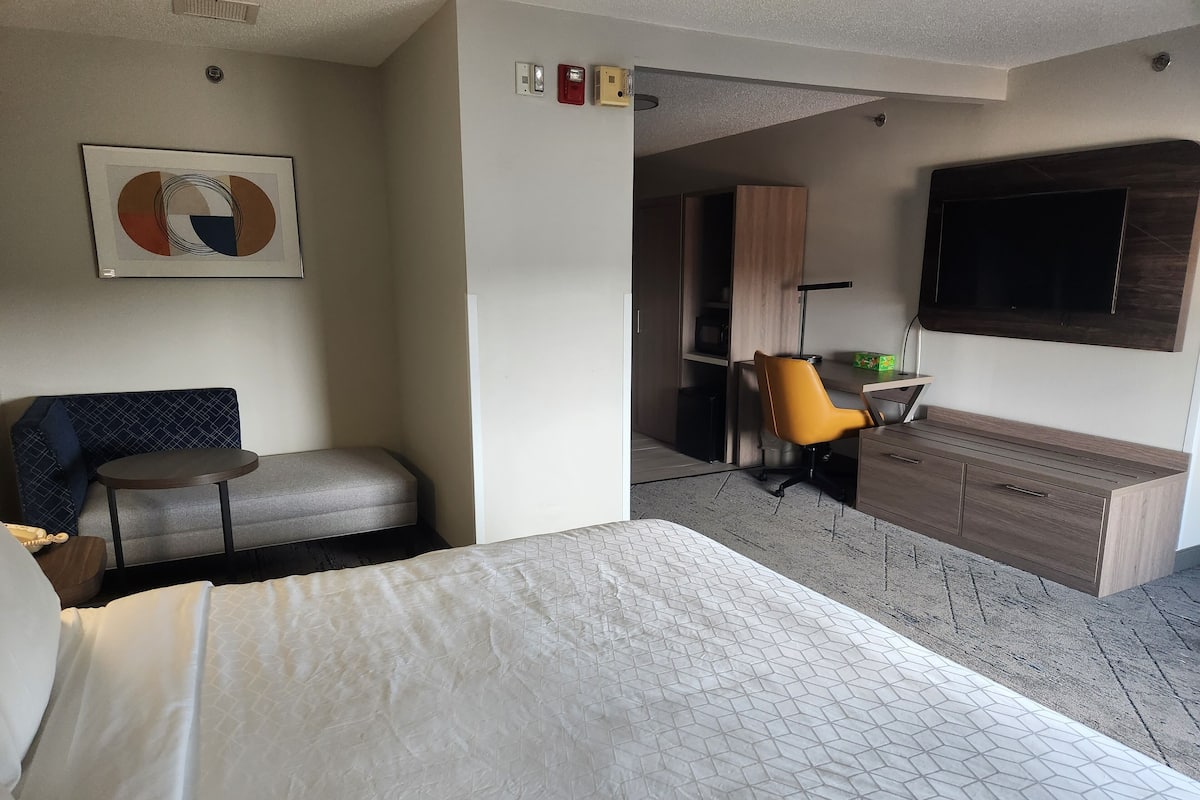 A hotel room with a bed, a sofa, a small table, a desk with a chair, a TV, and a cabinet.