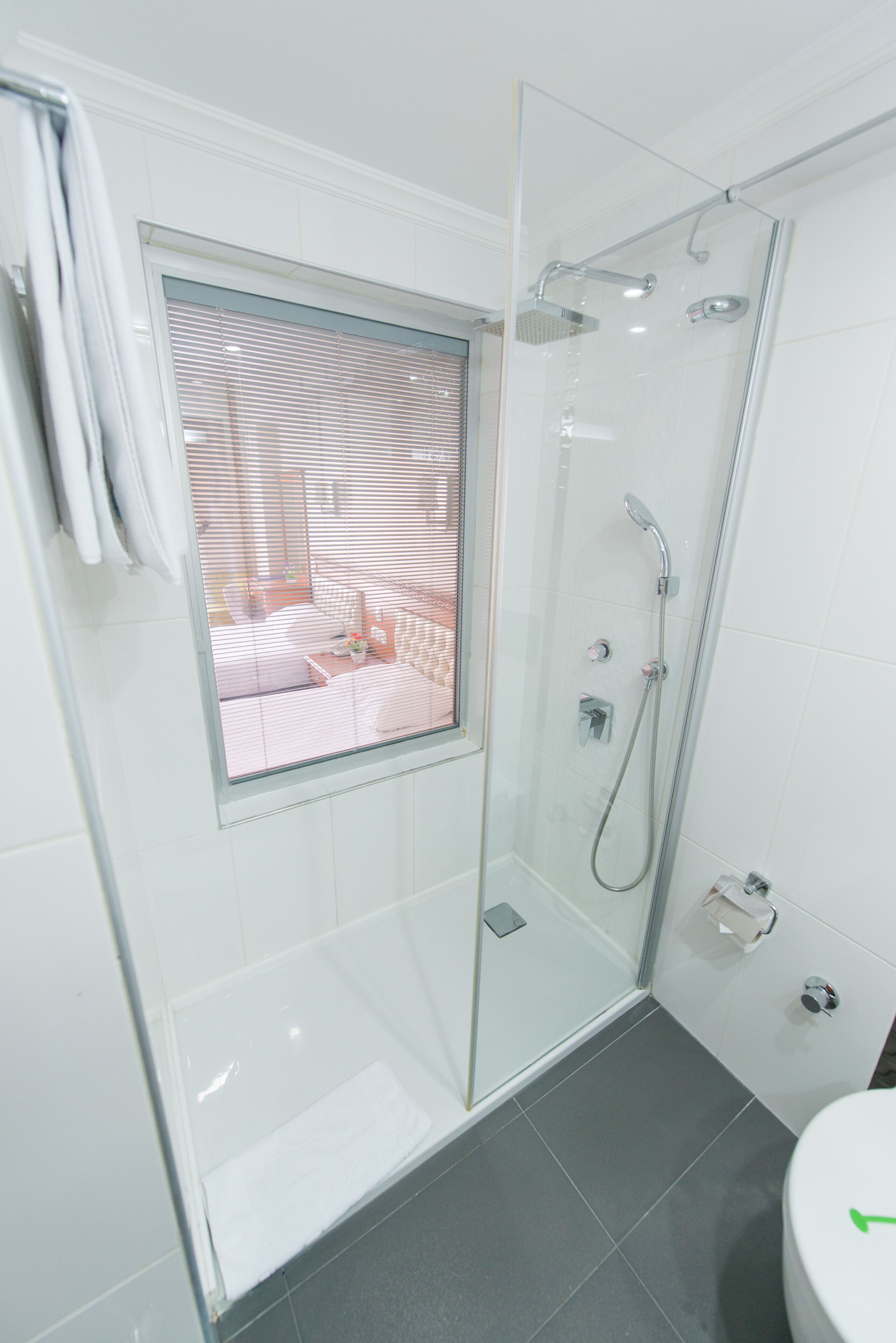 A modern bathroom with a glass-enclosed shower, a window with blinds, and a toilet.