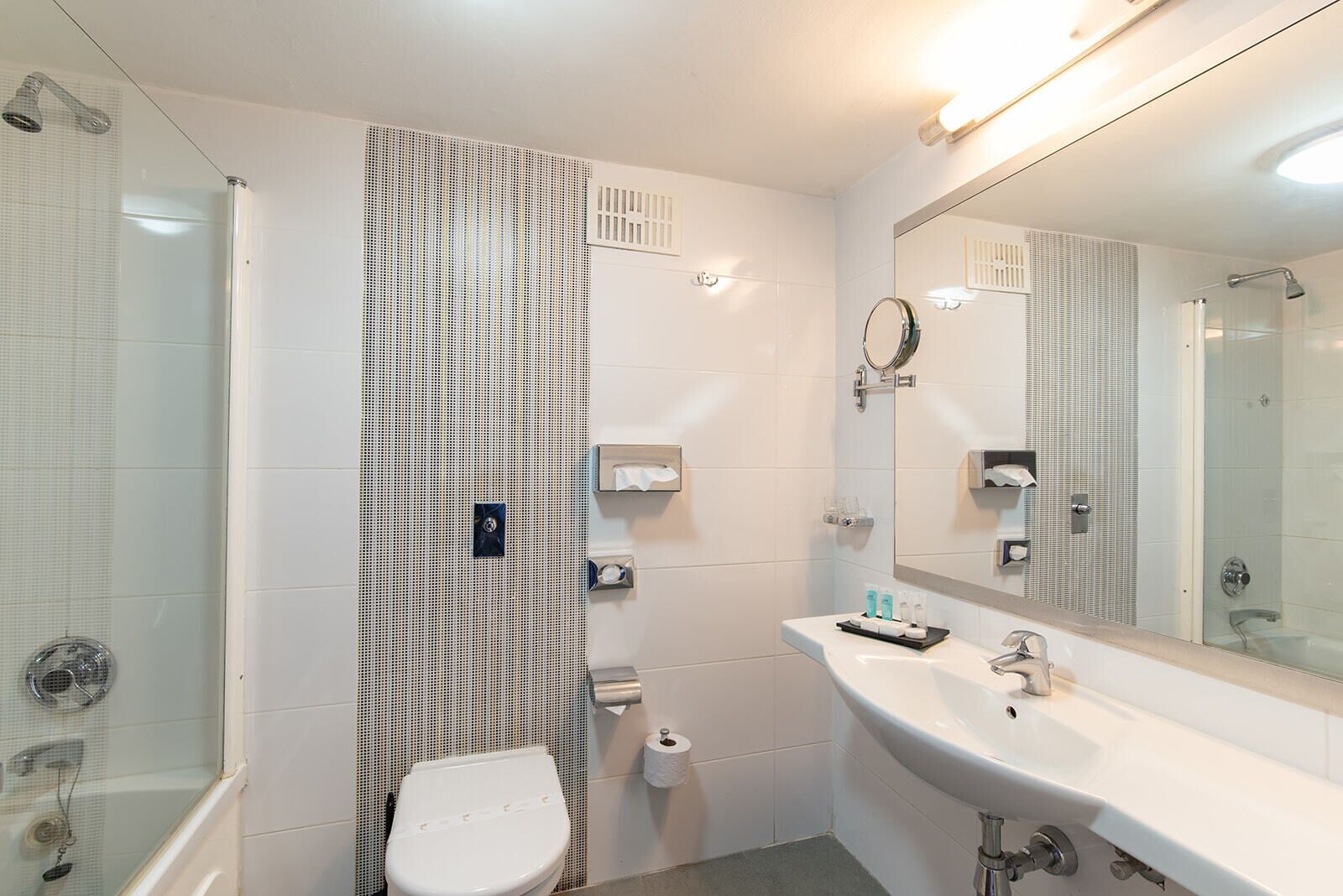 Un bagno moderno con doccia, servizi igienici, lavandino e uno specchio grande.