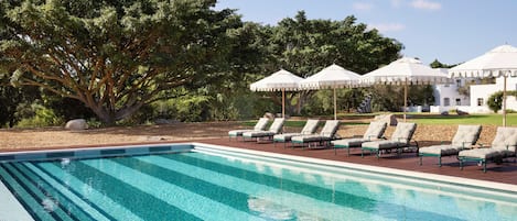 Outdoor pool, pool umbrellas, pool loungers