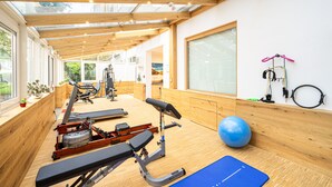 Ett gym med träningsredskap, en blå matta och en stor träningsboll.