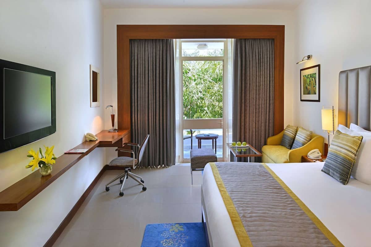 A hotel room with a bed, a desk, a chair, a television, and a view of greenery outside.