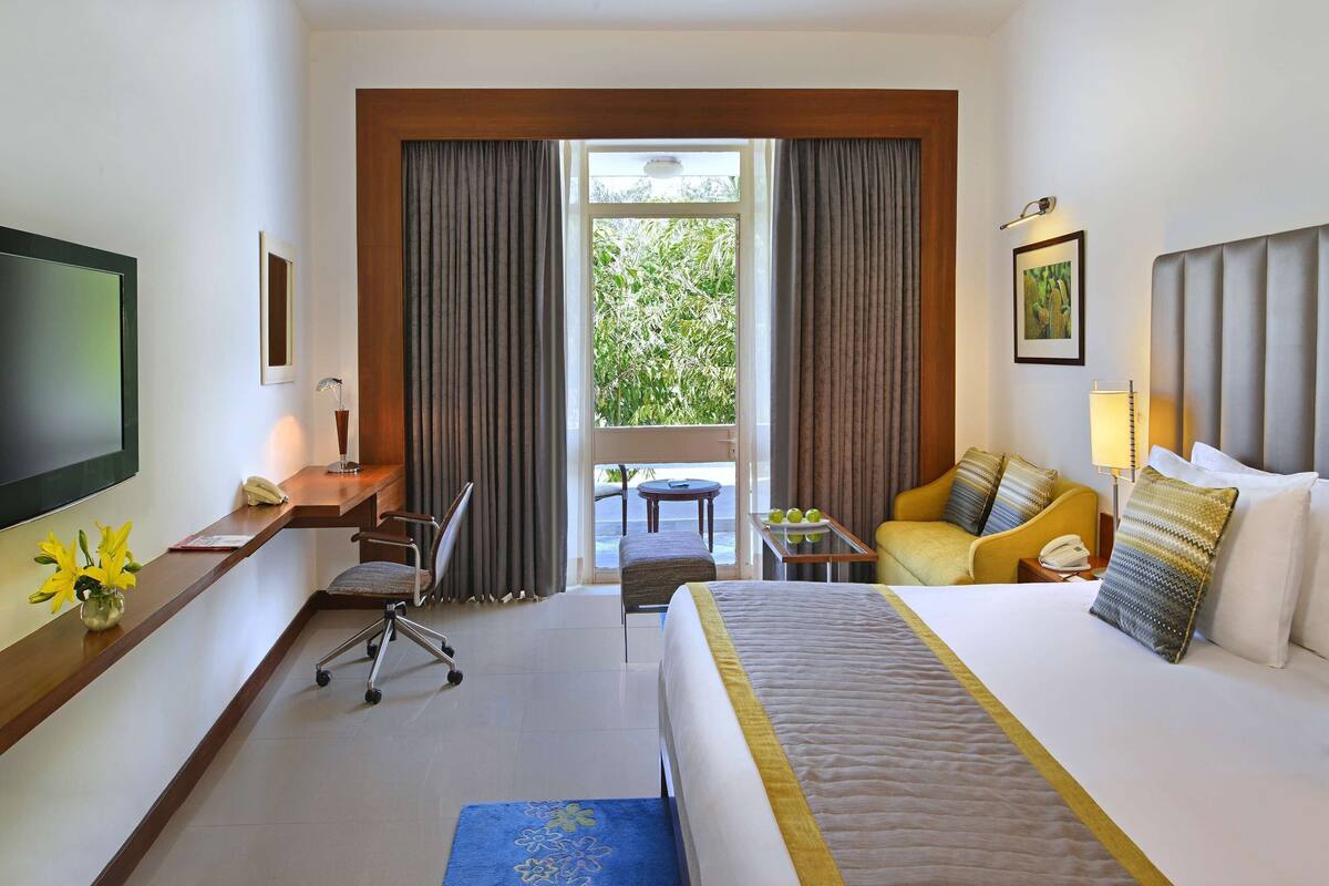 A hotel room with a bed, a desk, a chair, a TV, and a view of greenery outside.
