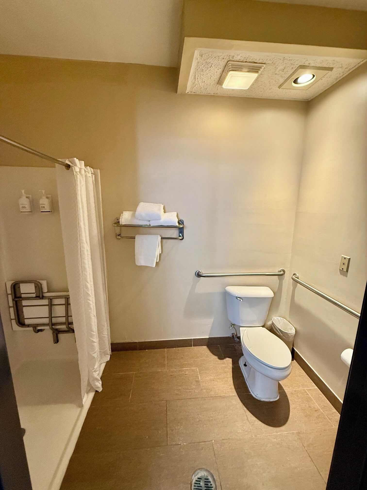 A small bathroom with a toilet, a shower curtain, a towel rack, and a handrail.