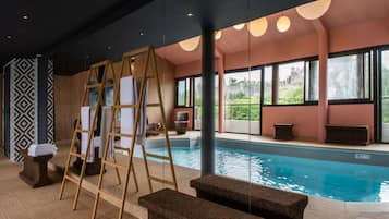 Indoor pool, open 10:00 AM to 9:00 PM, sun loungers