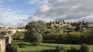 A historic castle with a river in the foreground, surrounded by greenery and a clear sky.