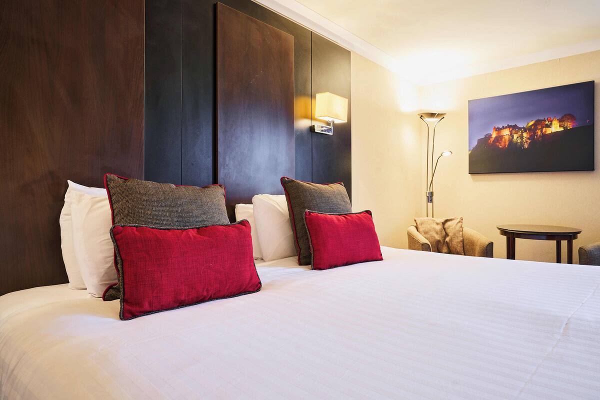 A hotel room with a large bed, two red and two grey pillows, a nightstand with a lamp, a chair, and a painting on the wall.