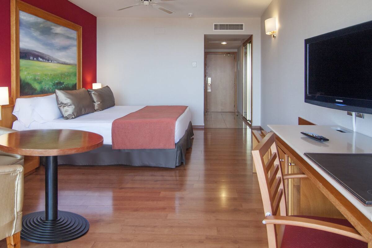 Una habitación de hotel con cama, escritorio, televisor y un cuadro en la pared.