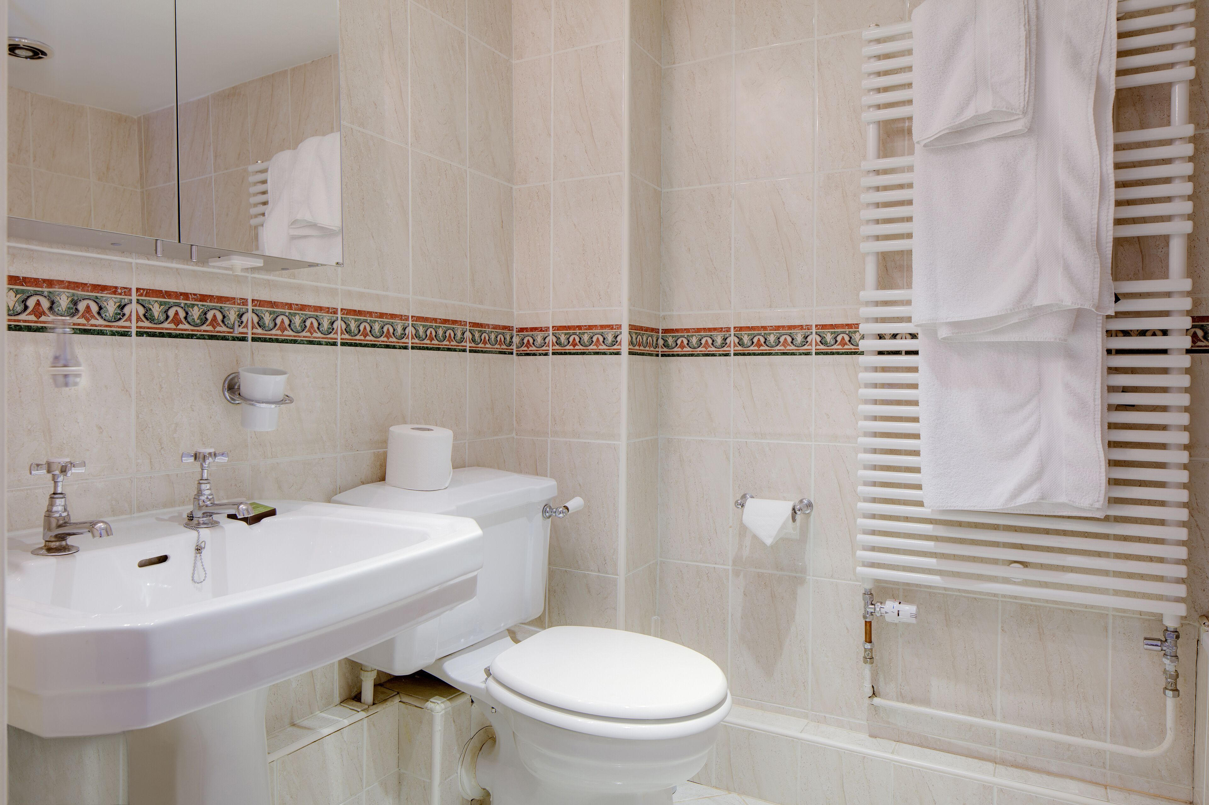 combined shower/bathtub, free toiletries, hair dryer, towels