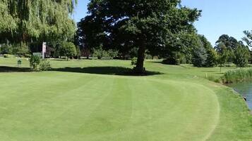 Ein Golfplatz mit Teich, Bäumen und einer Fahne.