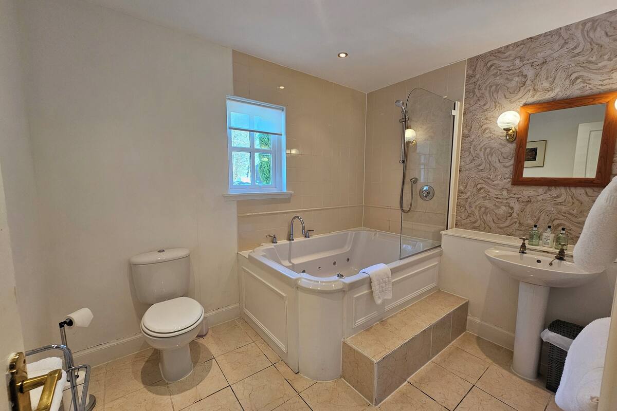 suite room | bathroom | hair dryer, towels