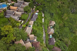 An aerial view of a residential area with thatched-roof houses, a narrow pathway, and lush greenery.