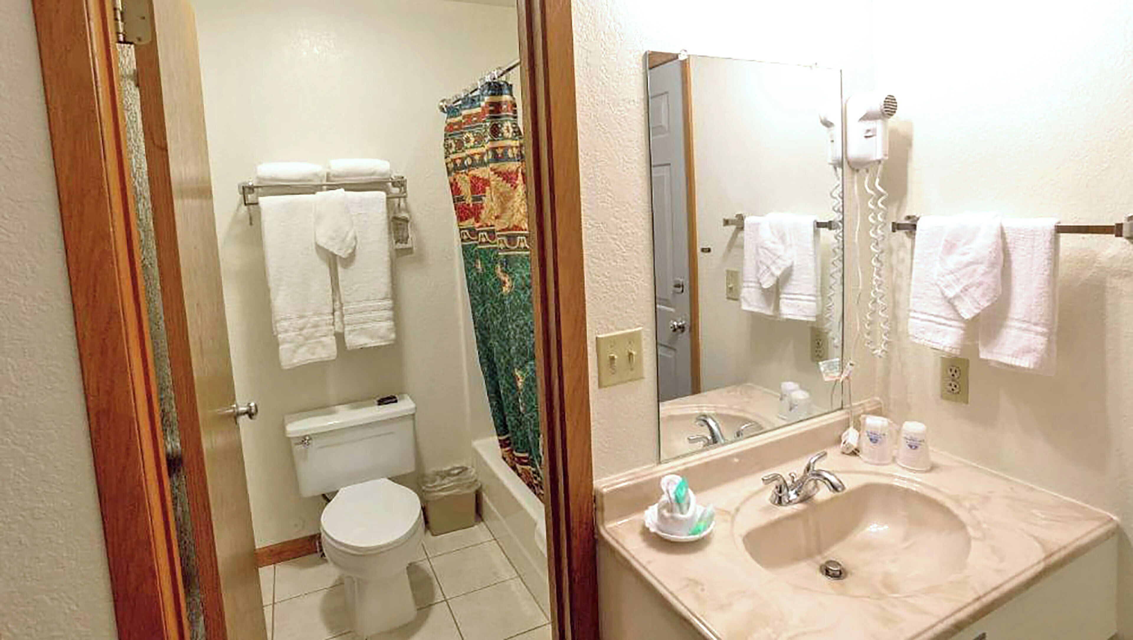 Een badkamer met toilet, wastafel en douchegordijn.