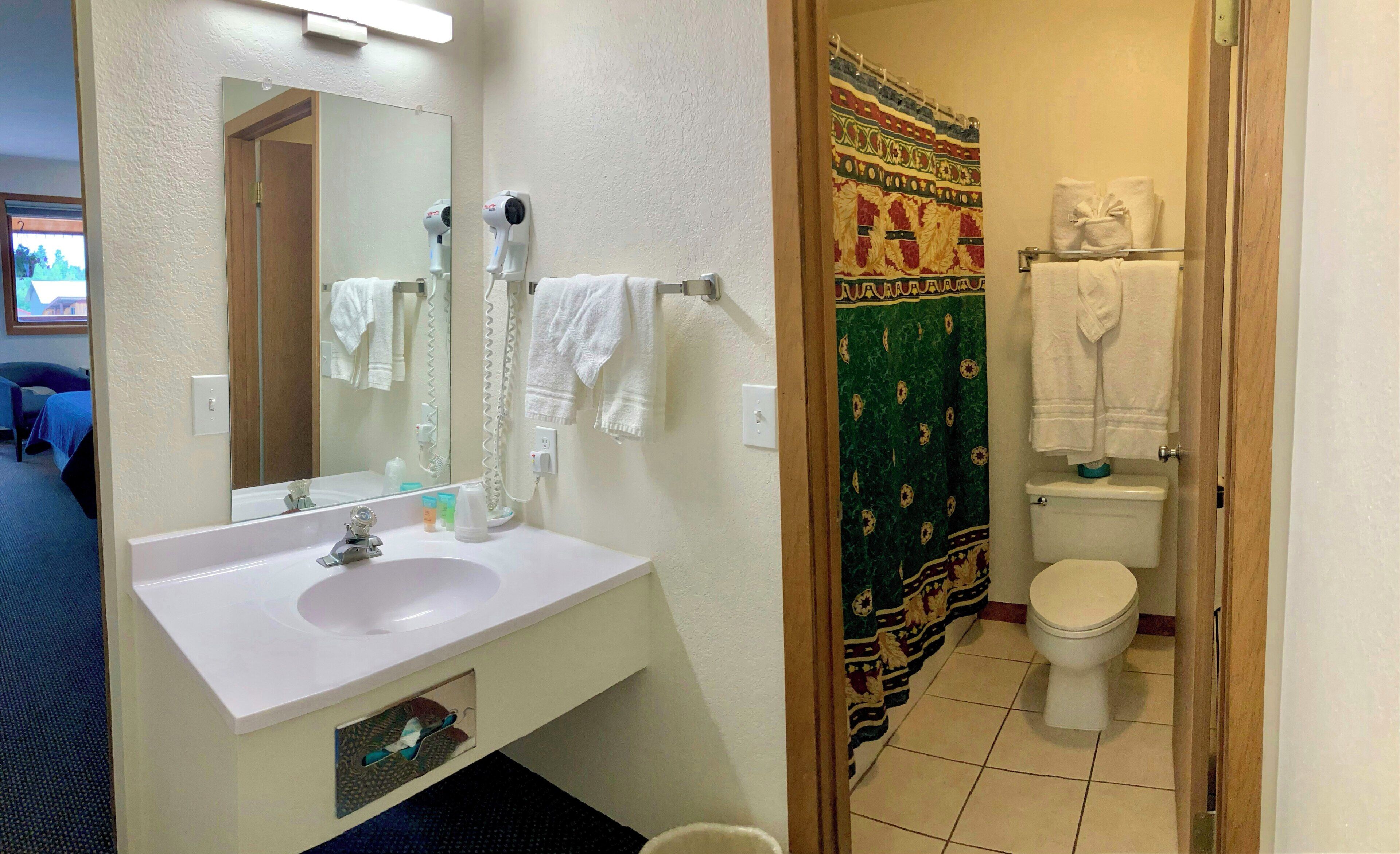 Un baño con lavabo, espejo, secador de pelo, toallero, inodoro y cortina de ducha.