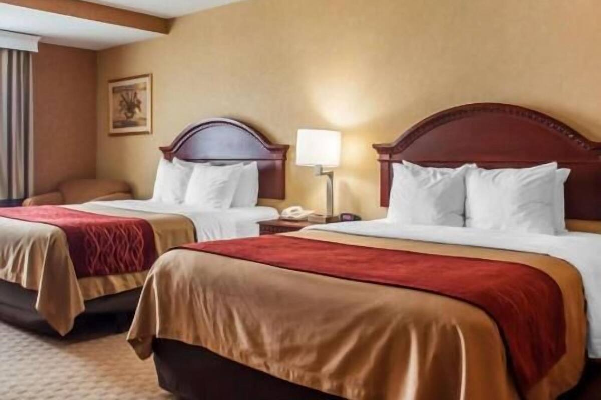 A hotel room with two beds, a nightstand with a lamp, and a painting on the wall.