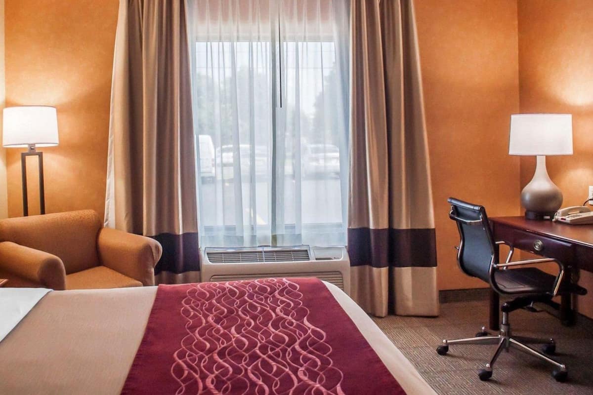 Premium bedding, desk, blackout drapes, iron/ironing board