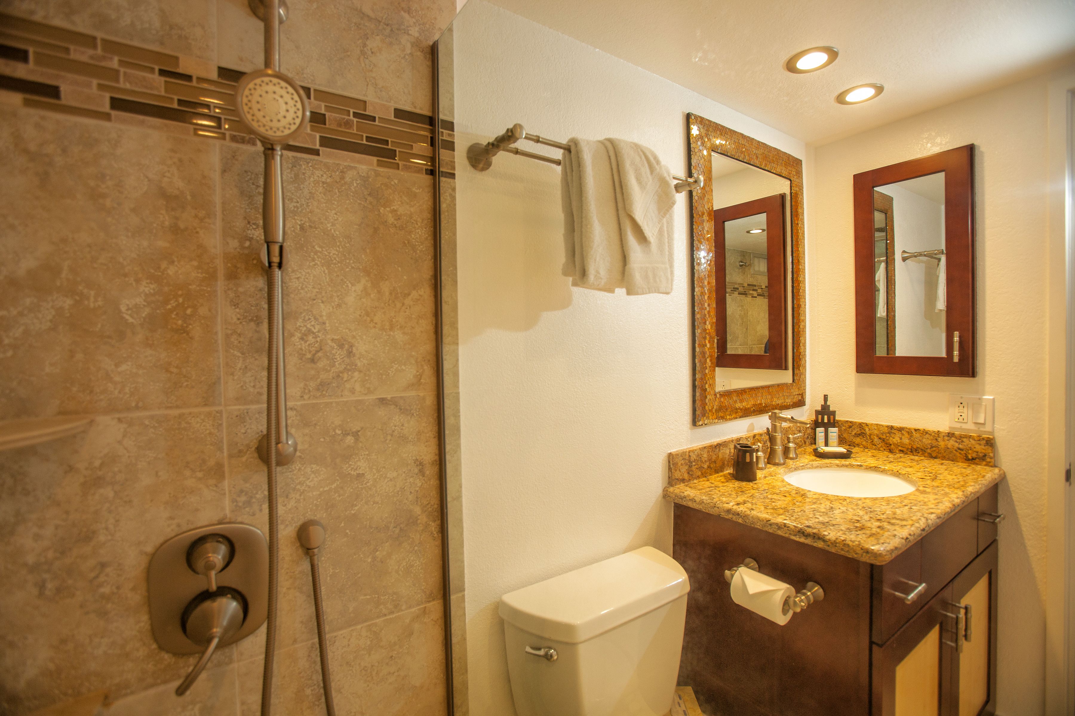 A bathroom with a shower, toilet, sink, and mirrors.