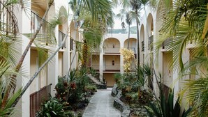 Un patio con un sendero central bordeado por palmeras y jardineras, rodeado de edificios con balcones arqueados.