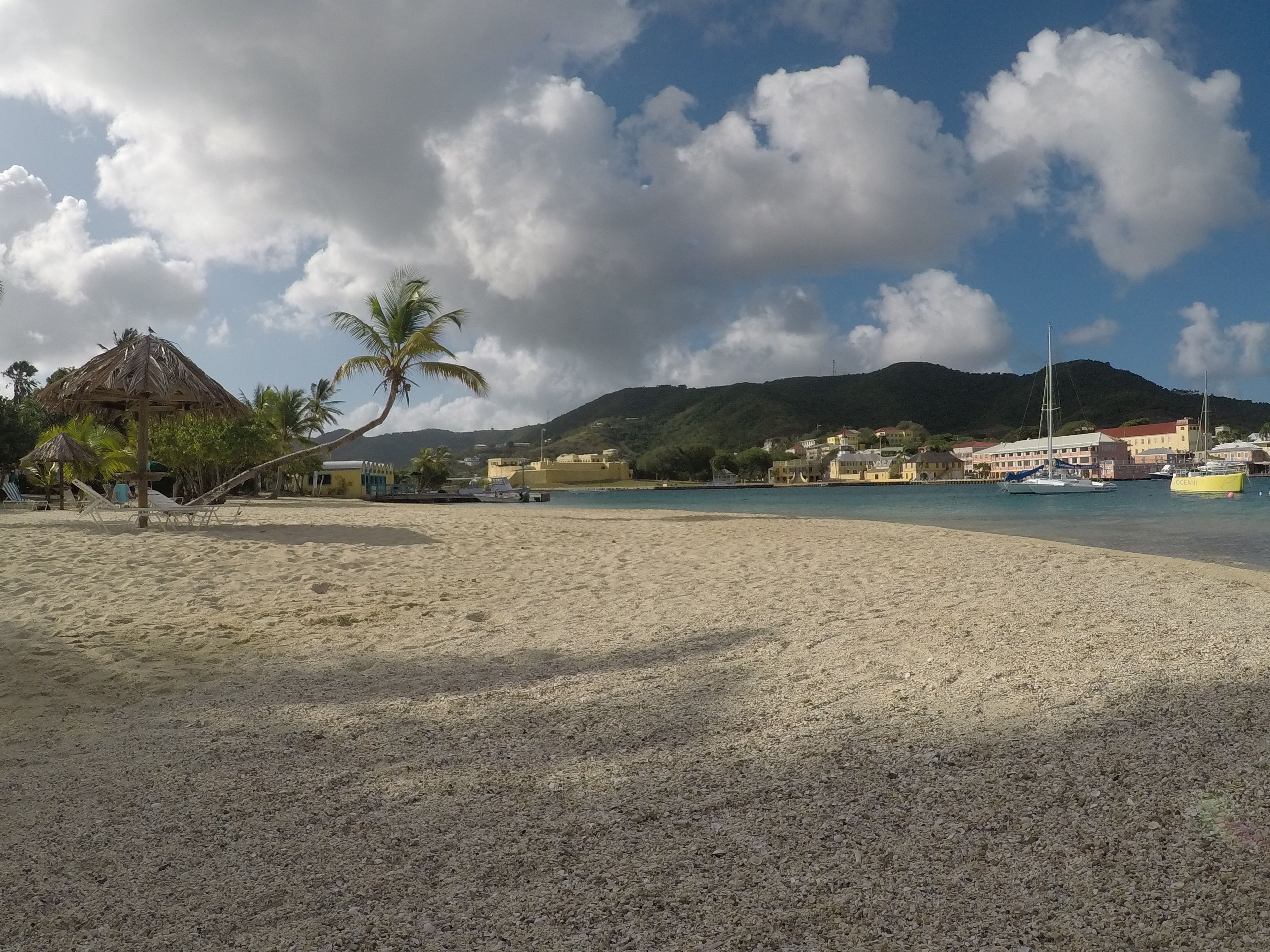 Une plage avec un abri de chaume, des palmiers et un ciel dégagé.