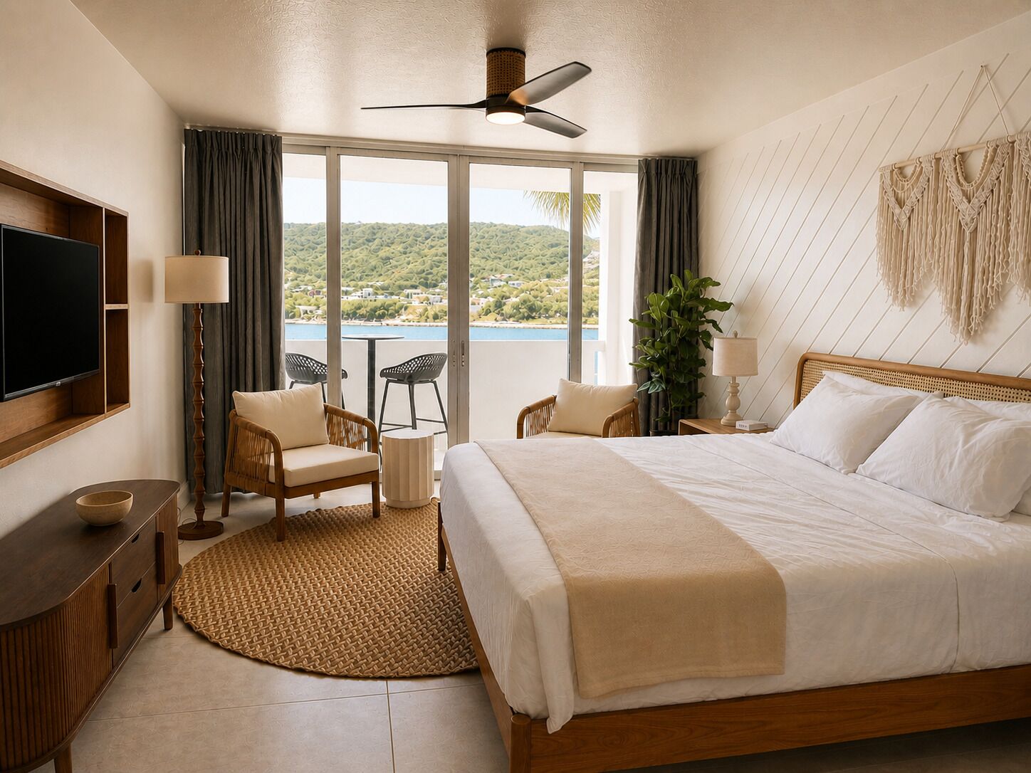 Ein Hotelzimmer mit Bett, Fernseher, einem Balkon mit Stühlen und Blick auf eine natürliche Landschaft.