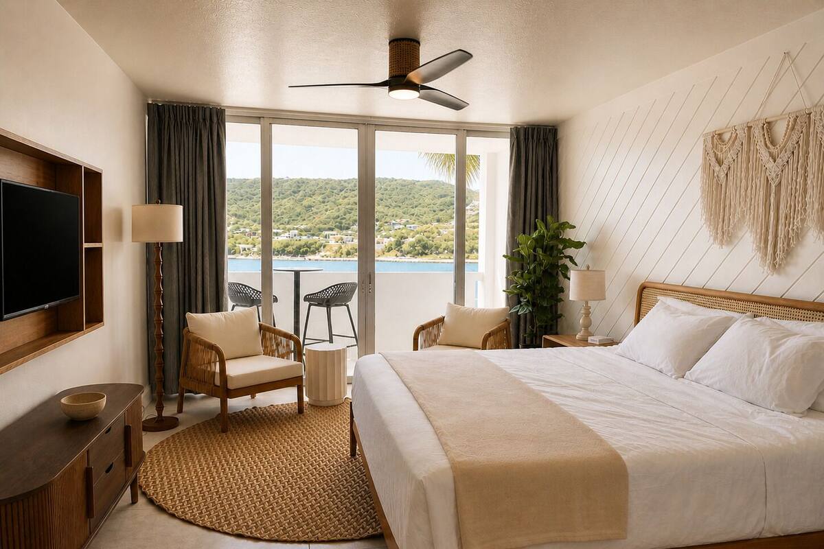 A hotel room with a bed, a TV, a balcony with chairs, and a view of a natural landscape.