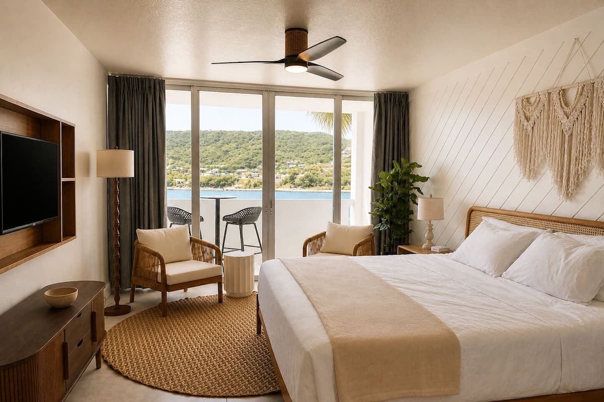Ein Hotelzimmer mit Bett, Fernseher, einem Balkon mit Stühlen und Blick auf eine natürliche Landschaft.