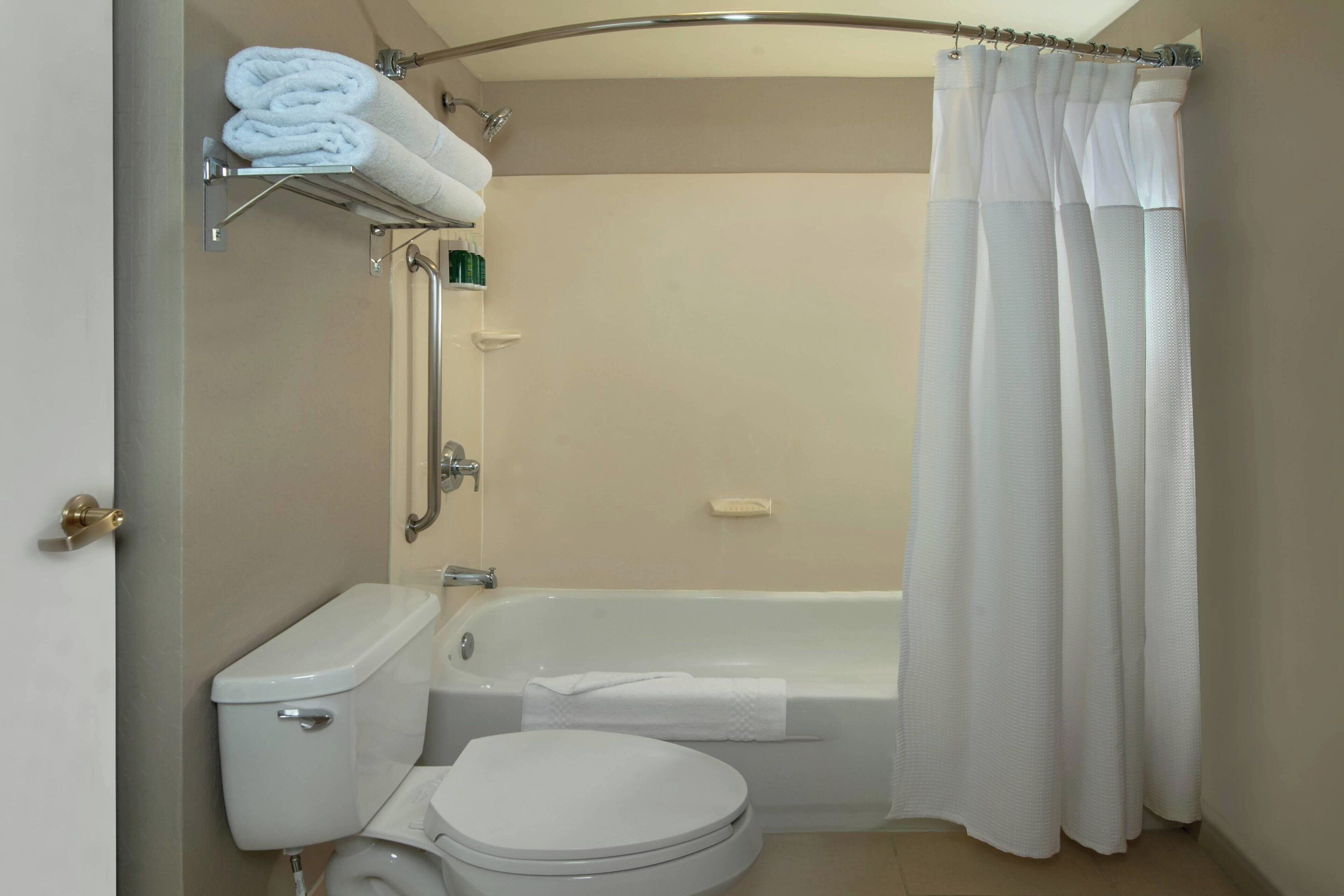 combined shower/bathtub, free toiletries, hair dryer, towels
