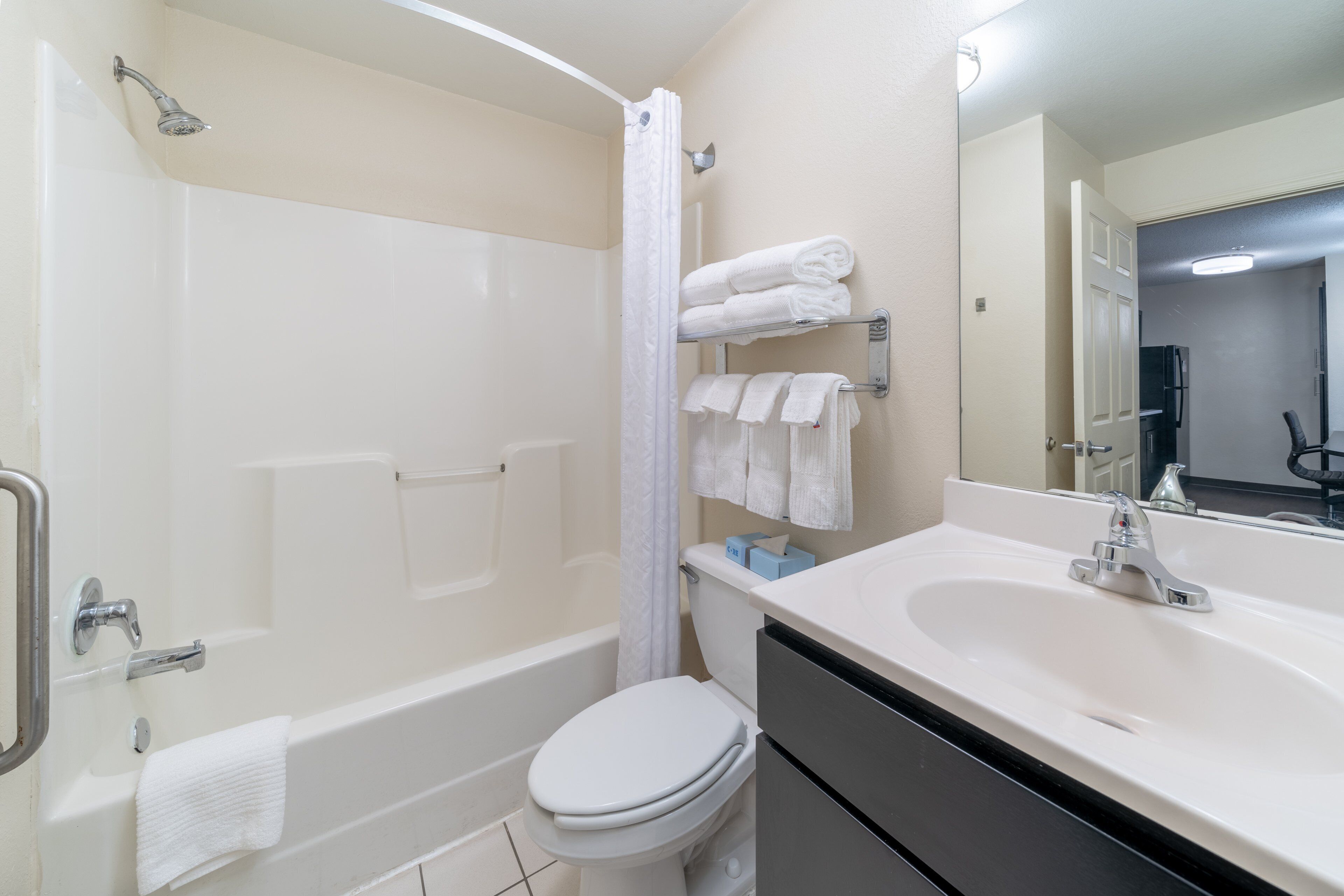combined shower/bathtub, free toiletries, hair dryer, towels
