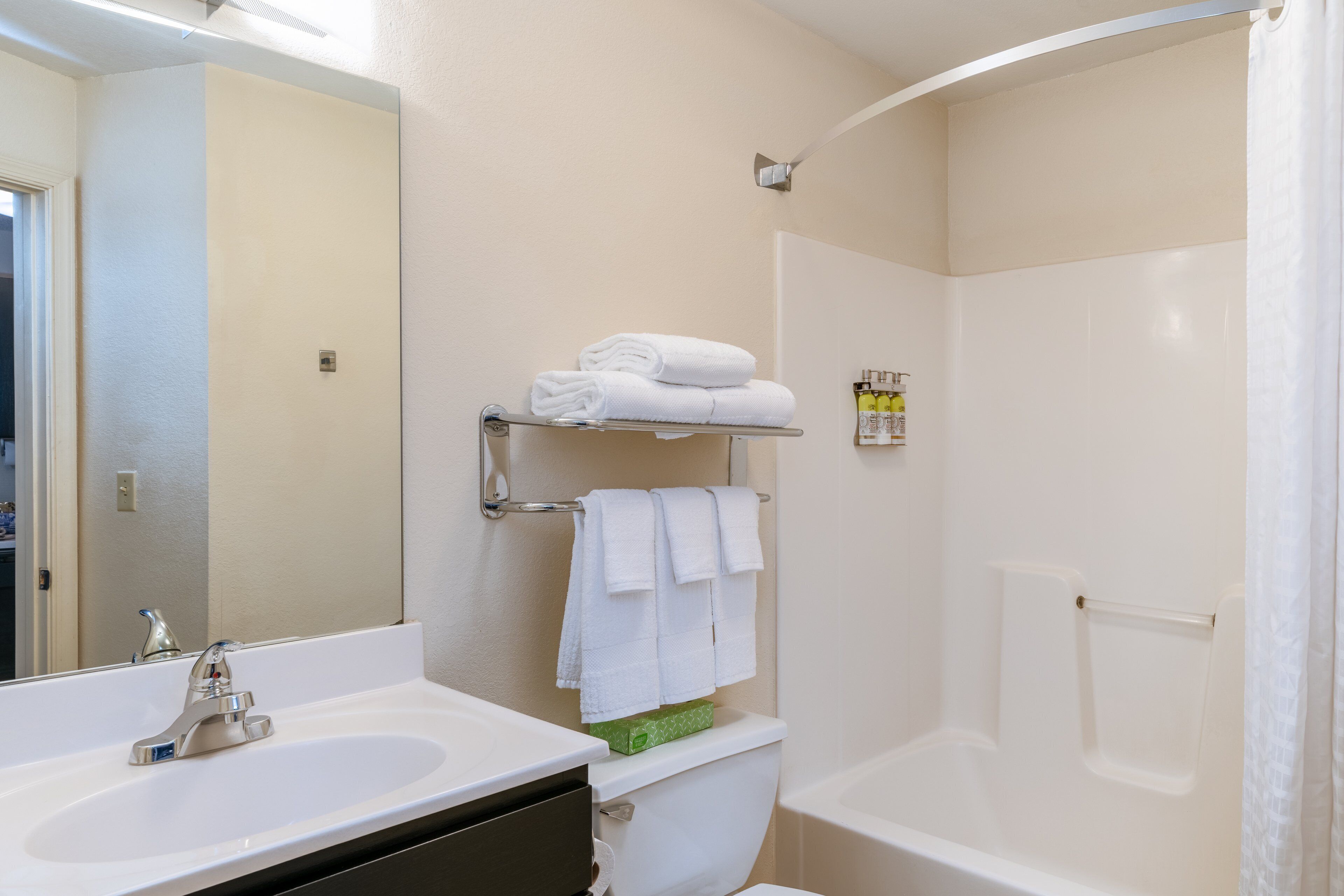combined shower/bathtub, free toiletries, hair dryer, towels
