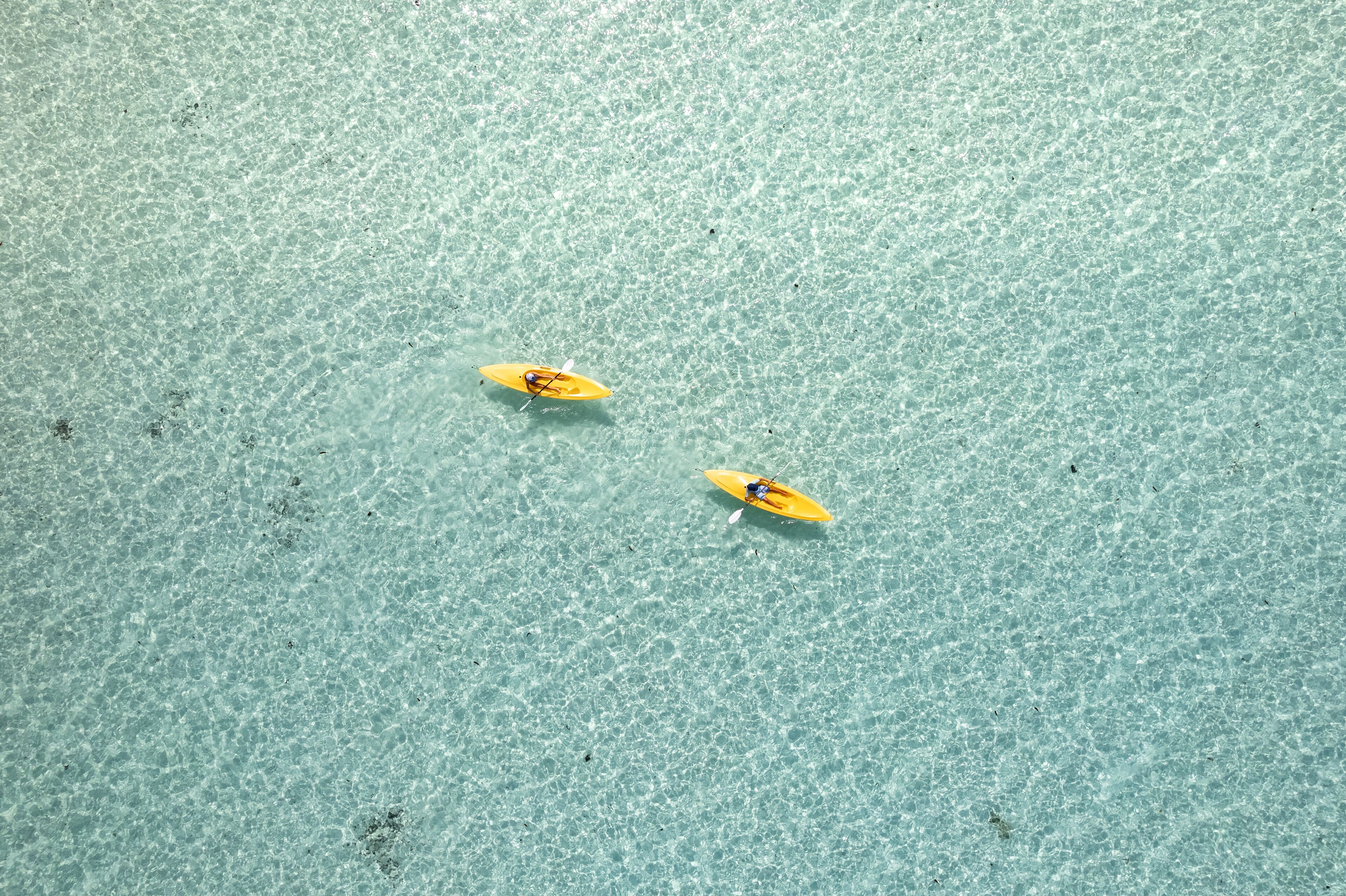 Two yellow kayaks on a clear blue water surface.
