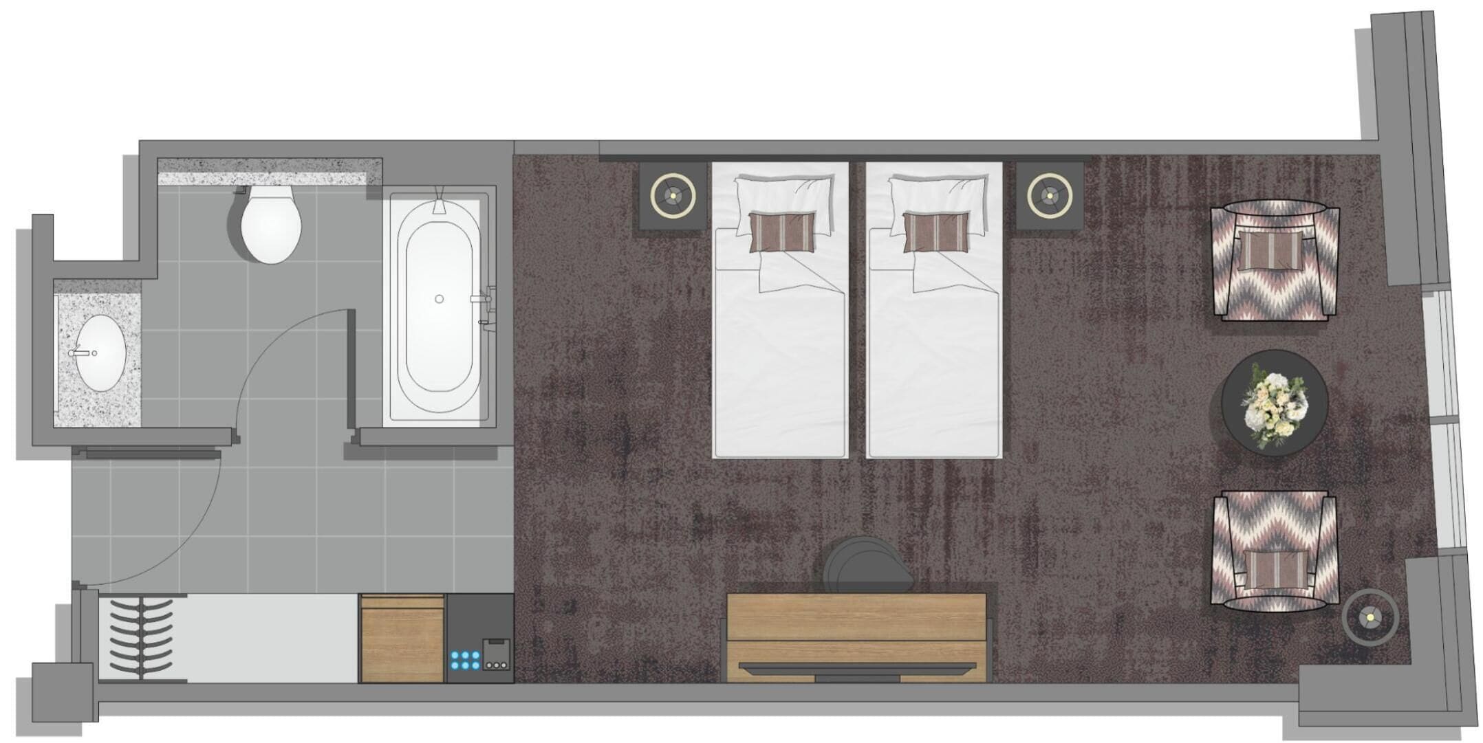 Distribución de una habitación de hotel con baño, dos camas, un sofá, una mesita y un jarrón decorativo.