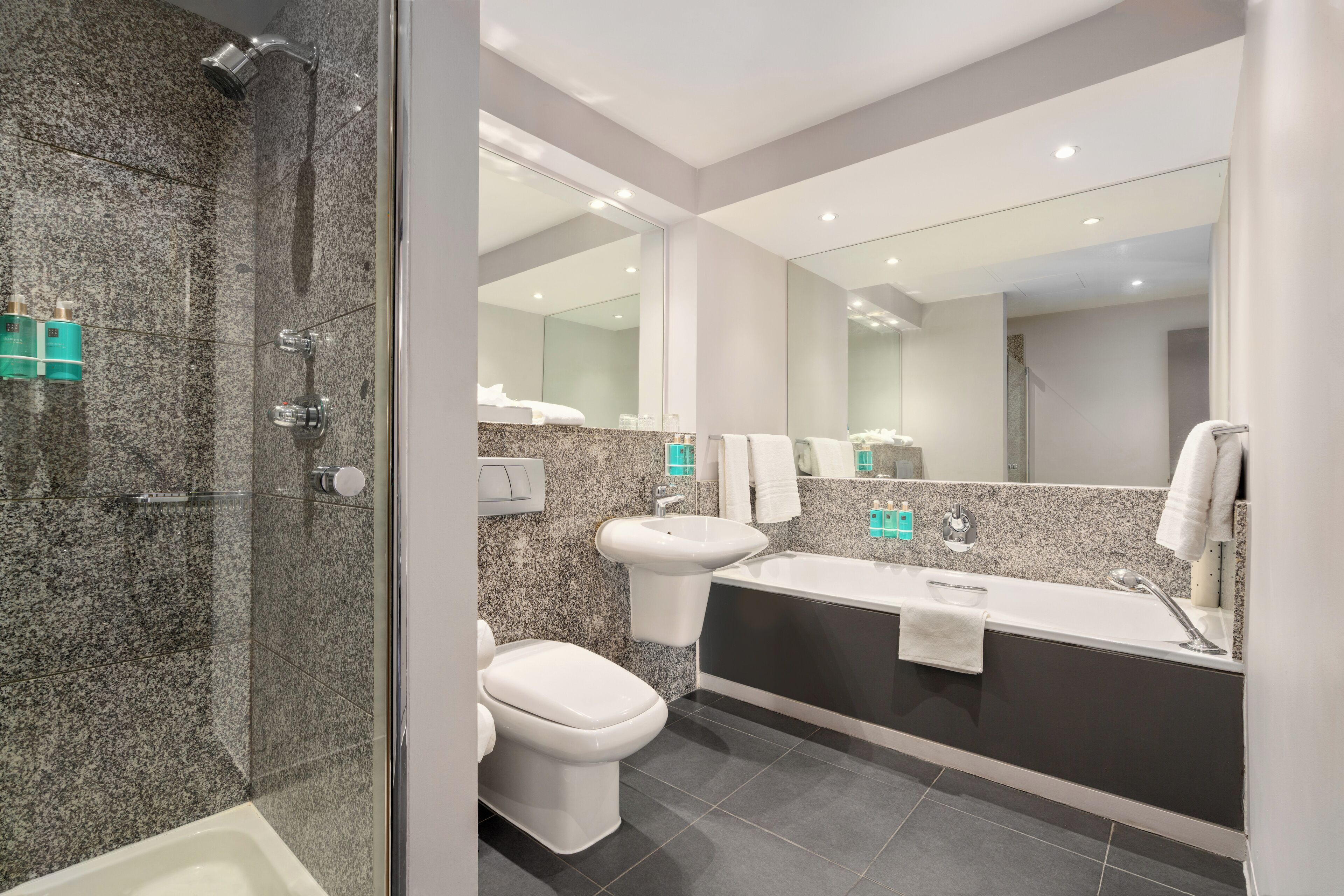 junior suite | bathroom | combined shower/bathtub, free toiletries, hair dryer, towels