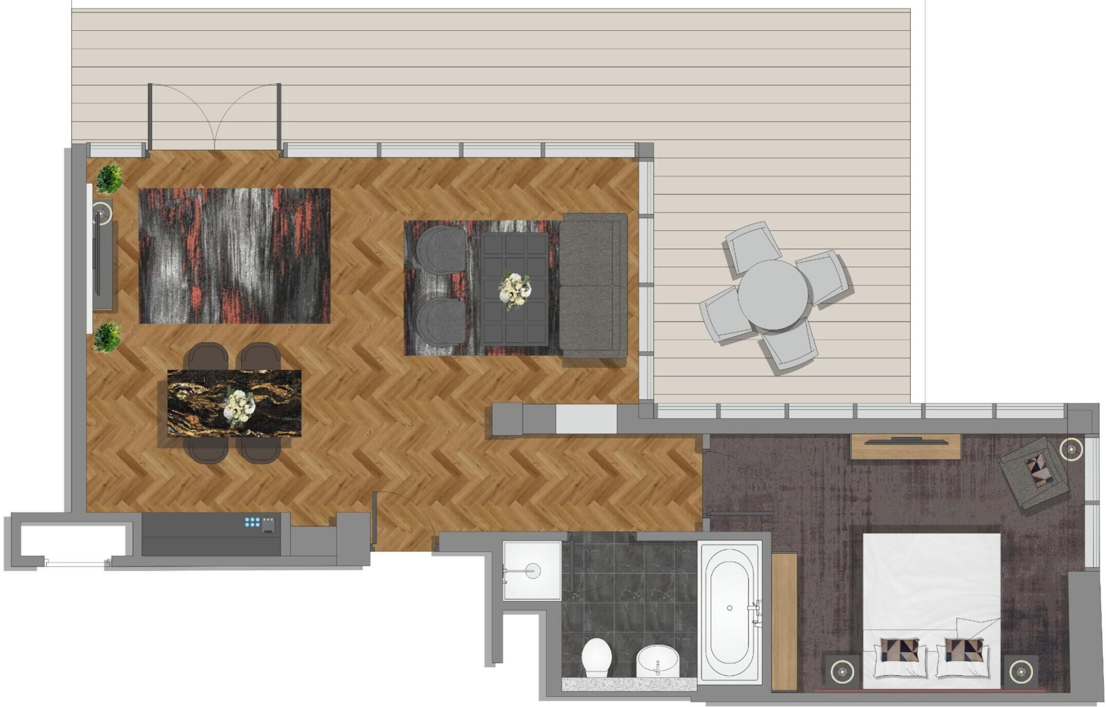 A hotel room layout with a living area, dining space, and a bathroom.