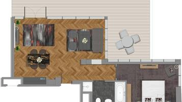 Distribución de una habitación de hotel con sala de estar, comedor y baño.