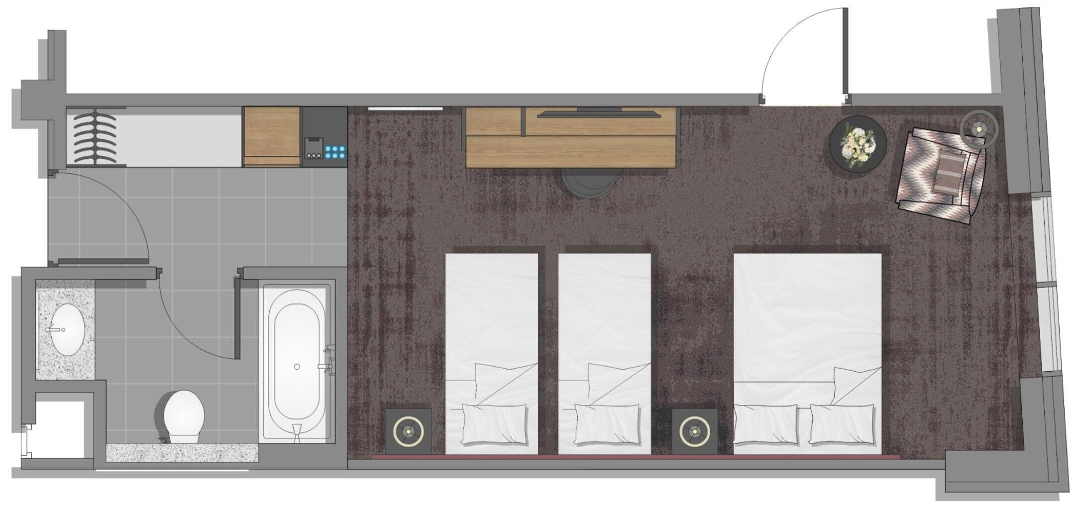 Distribución de una habitación de hotel con baño, una kitchenette pequeña, dos camas y una zona de estar.